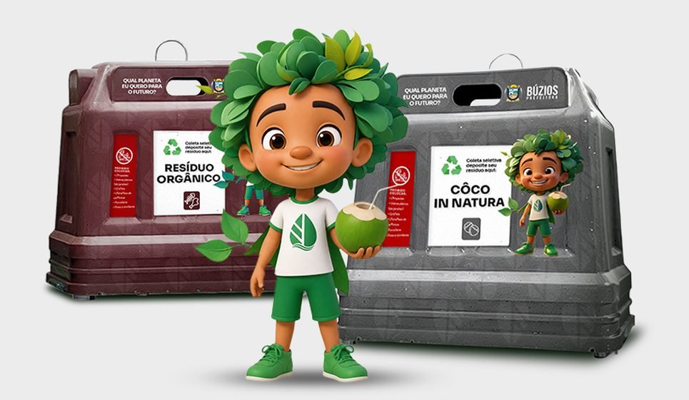 Aruã, o mascote da Mais Ambiental, ao lado dos PEVs de resíduo orgânico e côco in natura