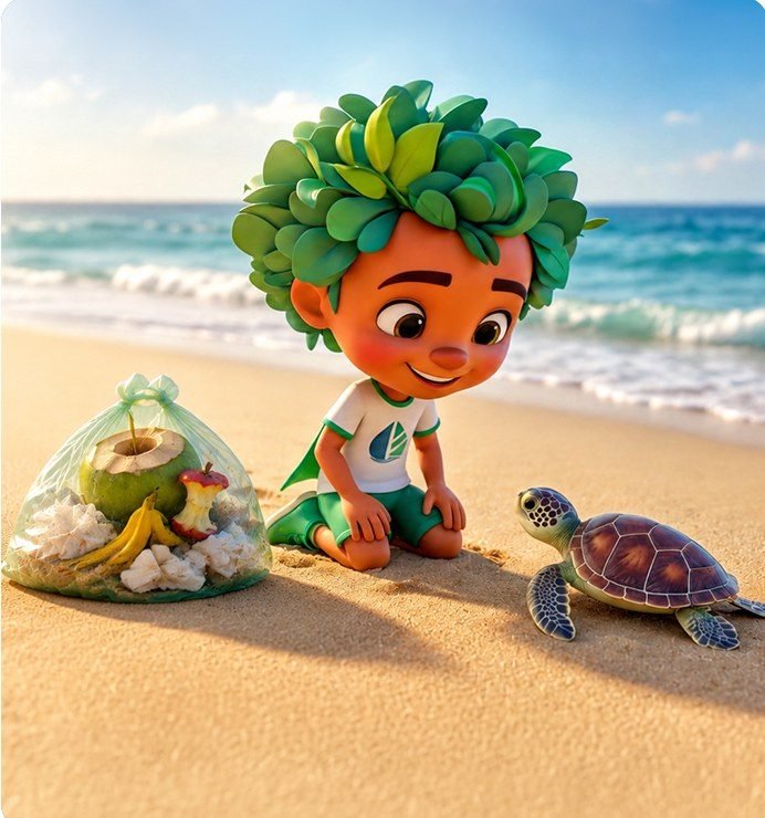 Aruã, o mascote da Mais Ambiental, com resíduos separados corretamente ao lado de uma tartaruga marinha na praia