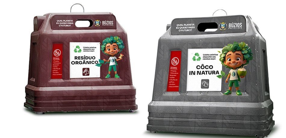 Pontos de Entrega Voluntária da Mais Ambiental para resíduo orgânico e côco in natura, com o mascote Aruã